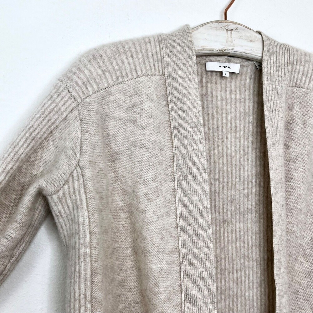 VINCE Womens Cashmere Wool Open Cardigan Ribbed Back & Sleeves Small Oat Sweater - Picture 2 of 5